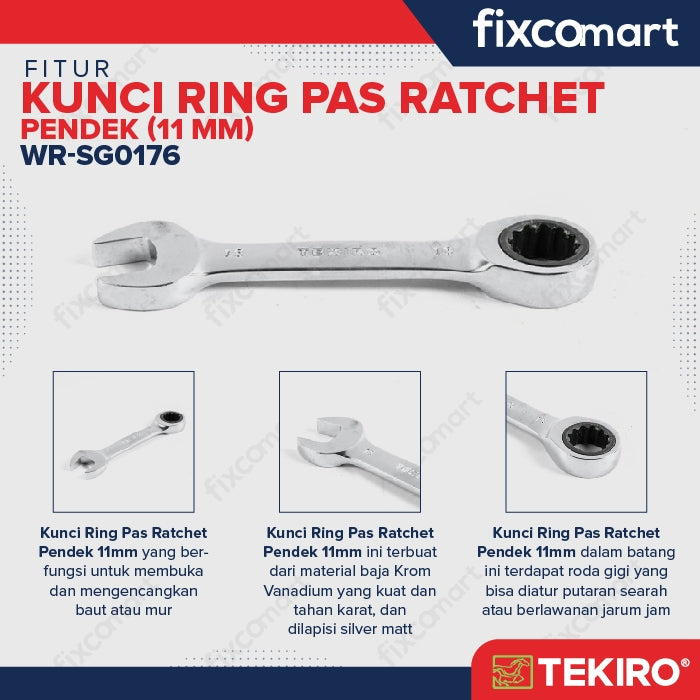 Tekiro Kunci Ring Pas Ratchet Pendek 11 mm