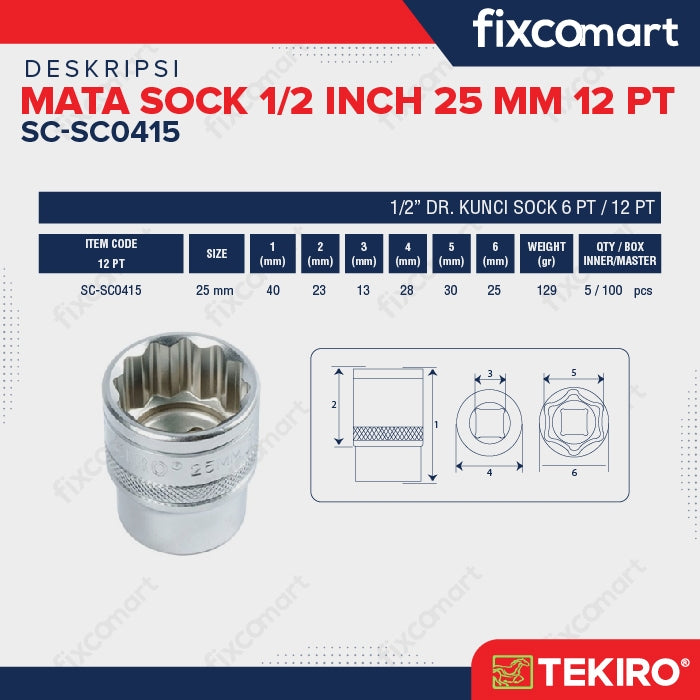Tekiro Socket 1/2 inch 25 mm 12 PT