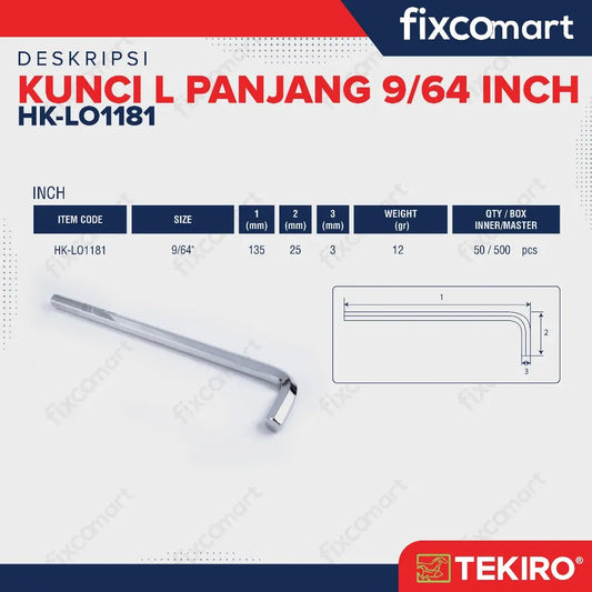 Tekiro Kunci L Panjang 9/64 inch / Hex Key Long FIXCOMART