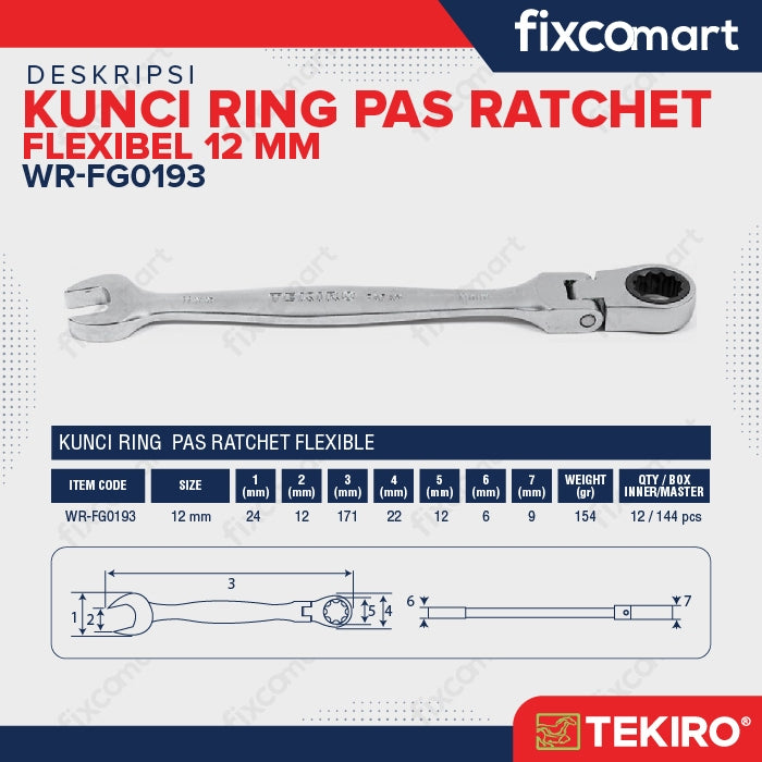 Tekiro Kunci Ring Pas Ratchet Flexible 12 Mm