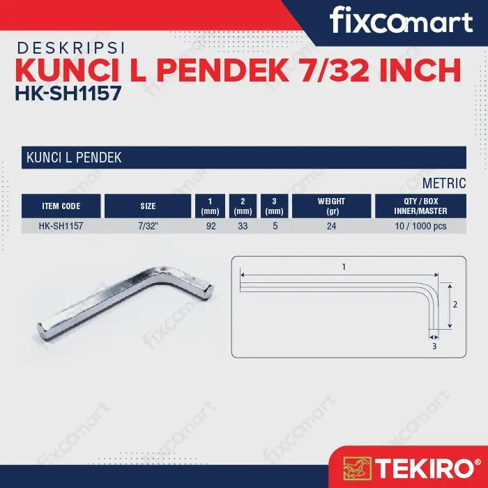Tekiro Kunci L Pendek 7/32 inch / Hex Key Short FIXCOMART