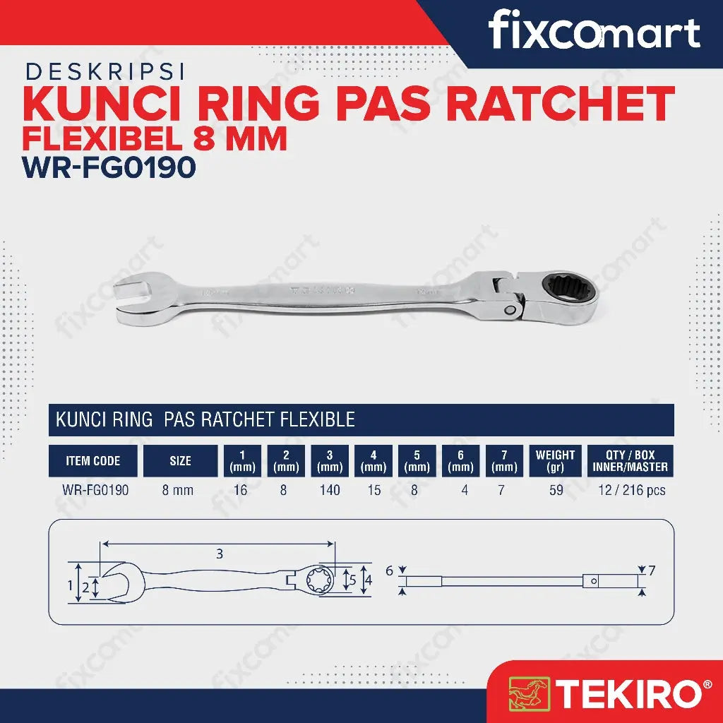 Kunci Ring Pas Ratchet Flexsibel 8 mm FIXCOMART