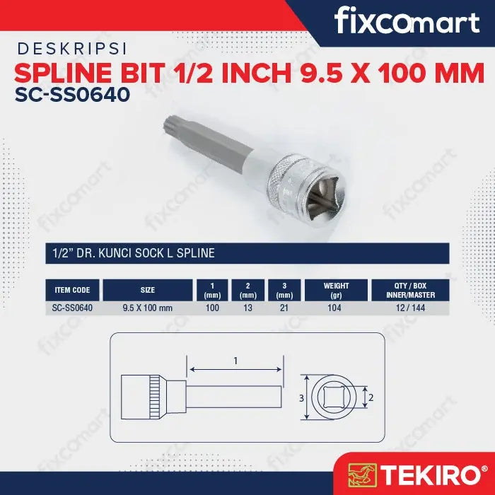 Tekiro spline bit 1/2 inch DR 9.5 x 100 mm FIXCOMART