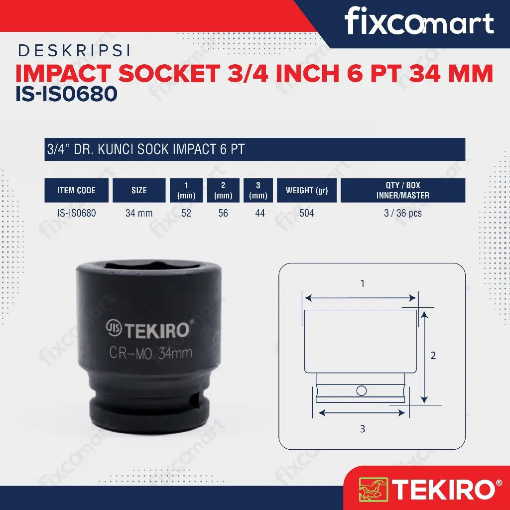 Tekiro Socket Impact 3/4 Inch 34 Mm 6 Pt / Mata Sock Impact FIXCOMART