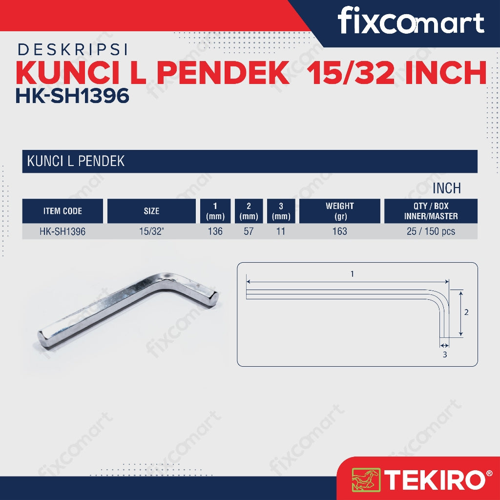 Tekiro Kunci L Pendek 15/32 inch / Hex Key Short