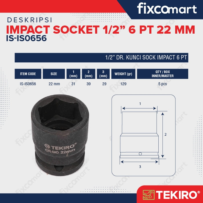 Tekiro Mata Sock Impact 1/2 Inch 22 Mm 6 Pt / Tekiro Socket Impact