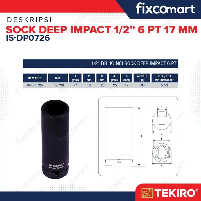 Tekiro Mata Sock Deep Impact 1/2 Inch 17 Mm 6Pt FIXCOMART