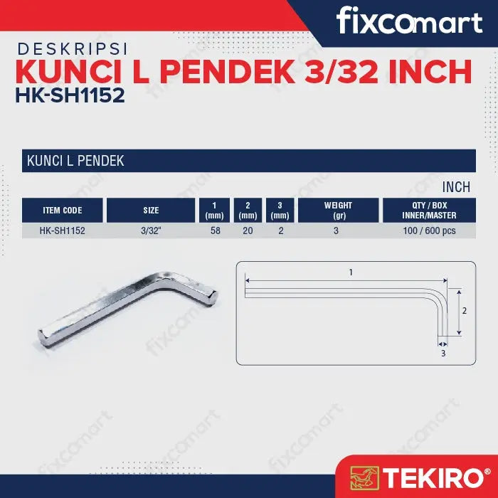 Tekiro Kunci L Pendek 3/32 inch / Hex Key Short FIXCOMART