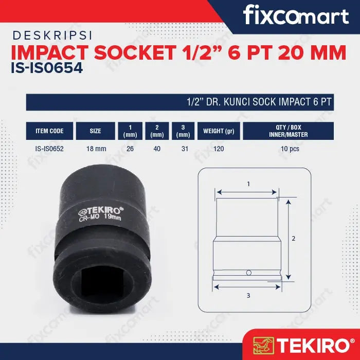 Tekiro Mata Sock Impact 1/2 Inch 18 Mm 6 Pt / Tekiro Socket Impact FIXCOMART