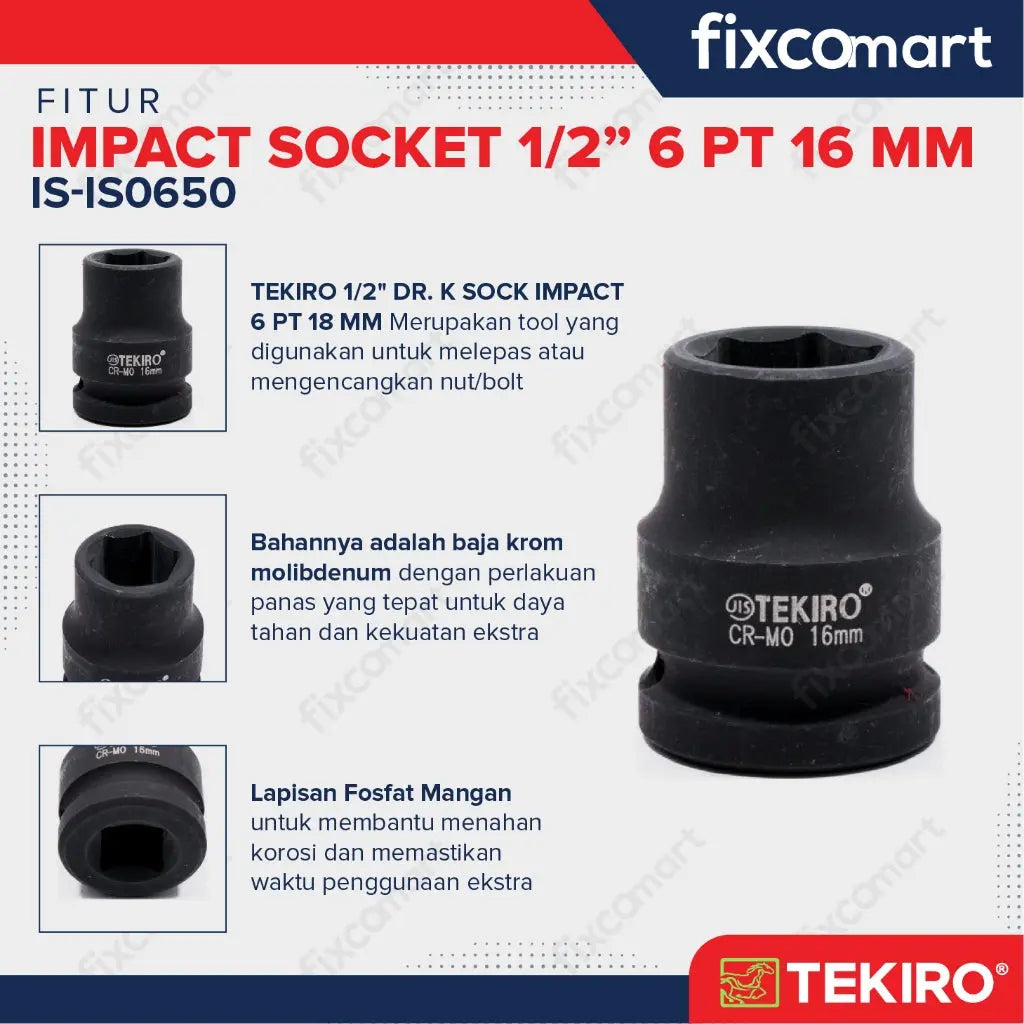 Tekiro Mata Sock Impact 1/2 Inch 16 Mm 6 Pt / Tekiro Socket Impact FIXCOMART