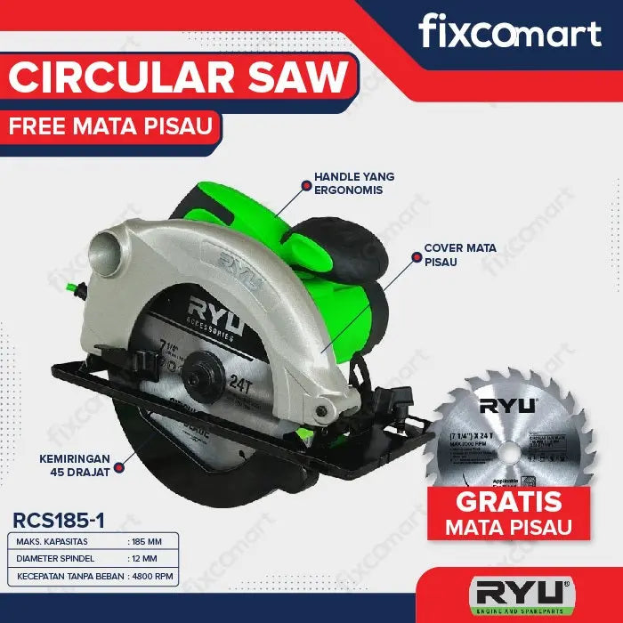 RYU Mesin Circular Saw RCS 185-1 Pro - Free Mata Pisau FIXCOMART