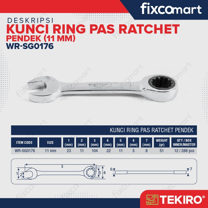 Tekiro Kunci Ring Pas Ratchet Pendek 11 mm