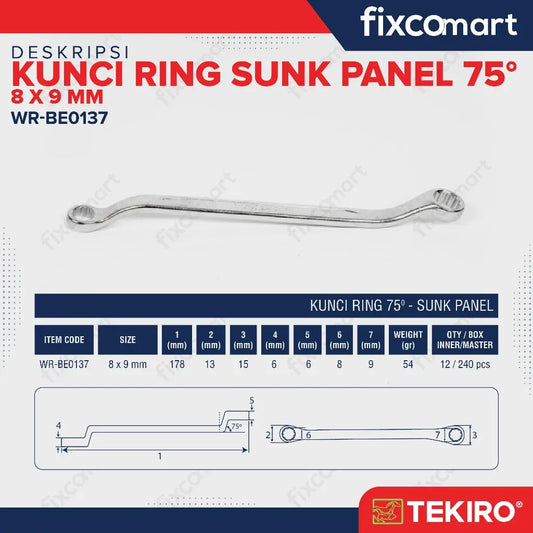 Tekiro Box End Wrench / Kunci Ring 75 Derajat Sunk Panel 8X9 MM FIXCOMART