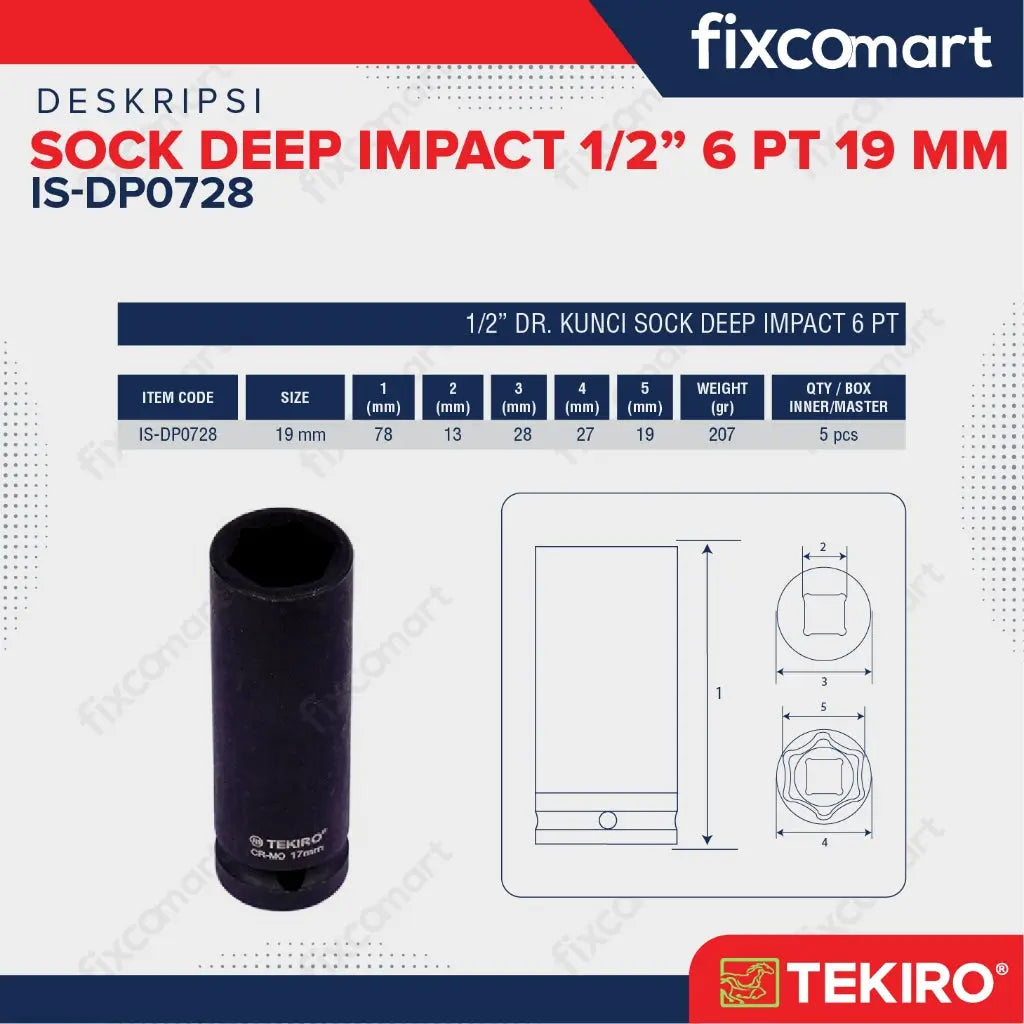 Tekiro Mata Sock Deep Impact 1/2 Inch 19 Mm 6Pt FIXCOMART
