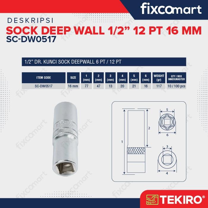 Tekiro Mata Sock Deep Wall 1/2 Inch 16 Mm (12Pt)
