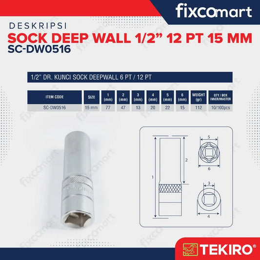 Tekiro Mata Sock Deep Wall 1/2 Inch 12PT 15 mm FIXCOMART