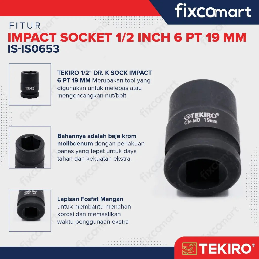 Tekiro Mata Sock Impact 1/2 Inch 19 Mm 6 Pt / Tekiro Socket Impact FIXCOMART