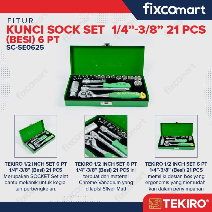 Tekiro Socket Set 1/4 - 3/8 Inch 21 Pcs 6Pt (Box Kaleng) / Tekiro Kunci Socket Set