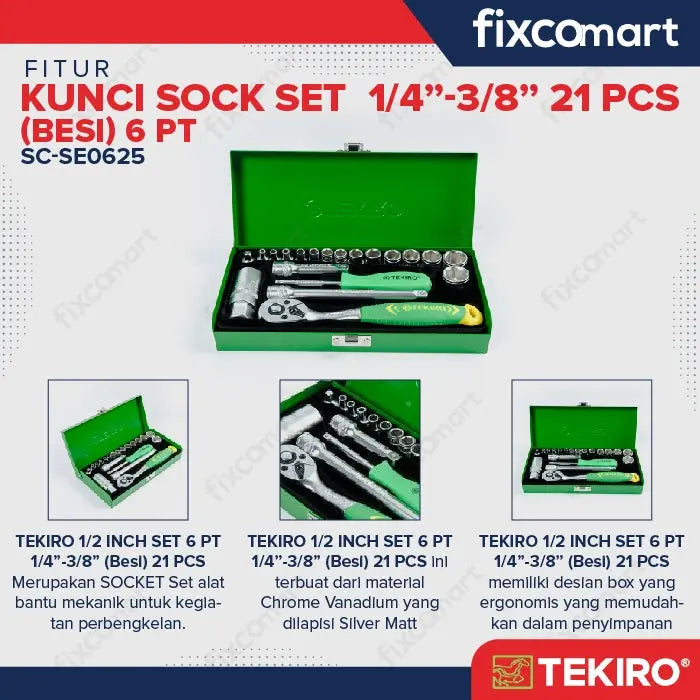 Tekiro Socket Set 1/4 - 3/8 Inch 21 Pcs 6Pt (Box Kaleng) / Tekiro Kunci Socket Set FIXCOMART