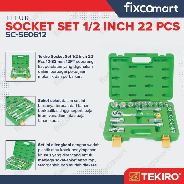 Tekiro Kunci Sock Set 22 Pcs 1/2" 10-32 mm 12PT Box Plastik / Sok Set FIXCOMART