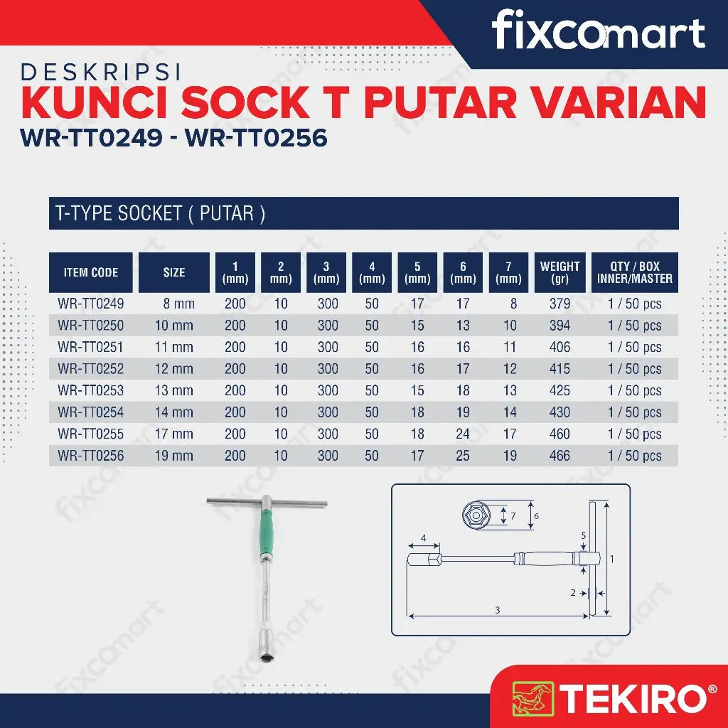Tekiro Kunci Sock T Putar / T-Type Wrench Rotary - 19 MM FIXCOMART