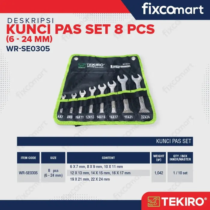 Tekiro Kunci Pas Set 8 Pcs (6-24 Mm) / Tekiro Open End Wrench FIXCOMART