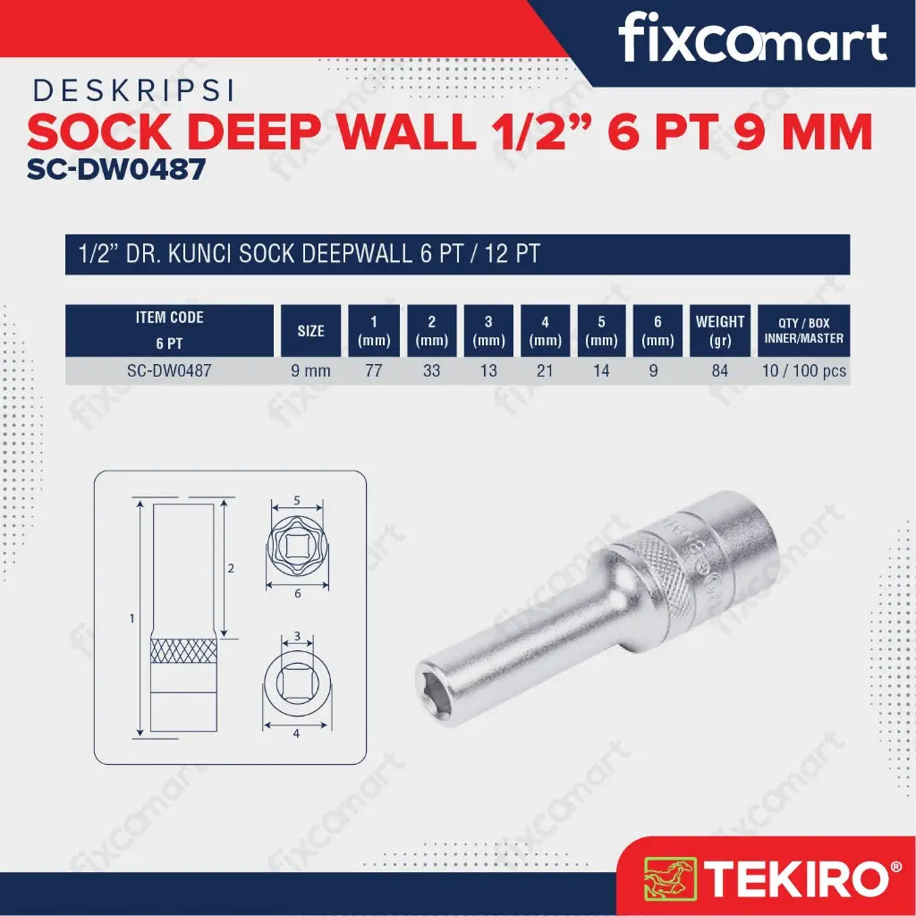 TEKIRO Sock Deep Wall / Mata Sock Panjang 1/2 Inch 6 PT - 9 mm FIXCOMART