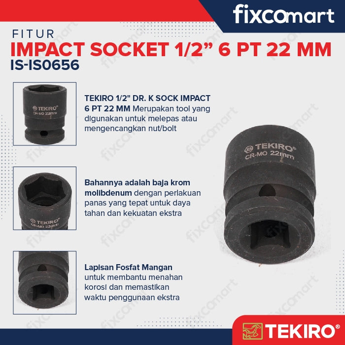 Tekiro Mata Sock Impact 1/2 Inch 22 Mm 6 Pt / Tekiro Socket Impact