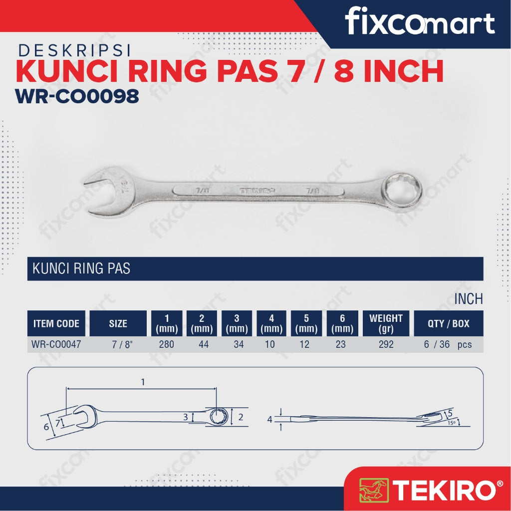 Tekiro Kunci Ring Pas 7/8 Inch / Tekiro Kunci Kombinasi