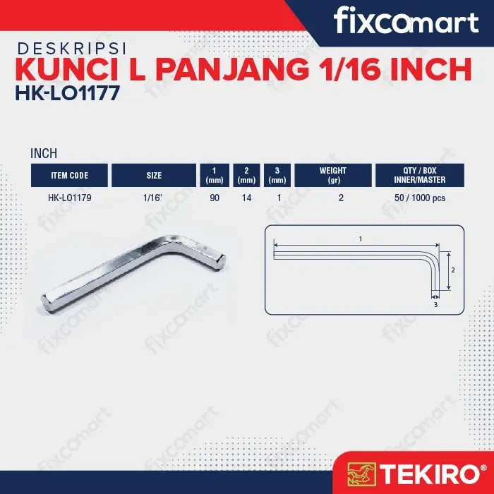 Tekiro Kunci L Panjang 1/16 inch / Hex Key Long FIXCOMART