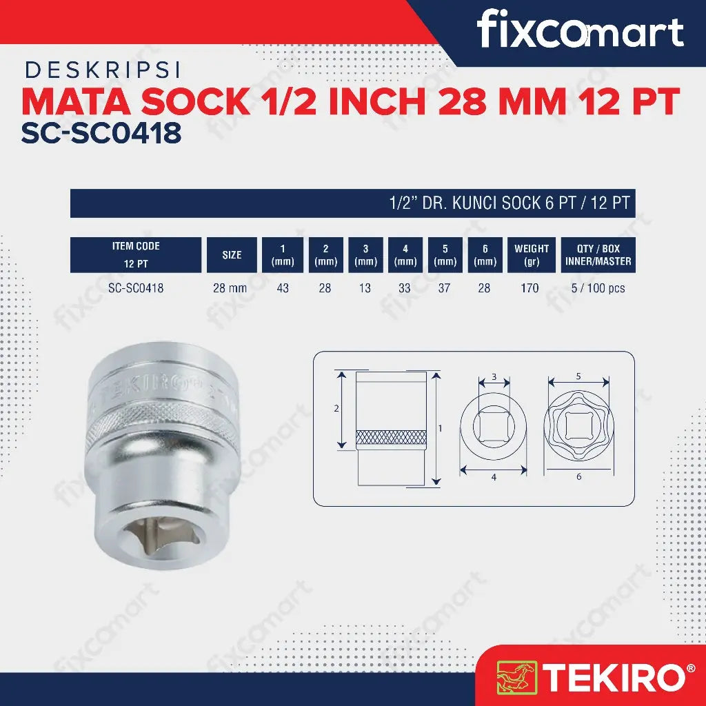 Tekiro Socket 1/2 inch 28 mm 12 PT FIXCOMART