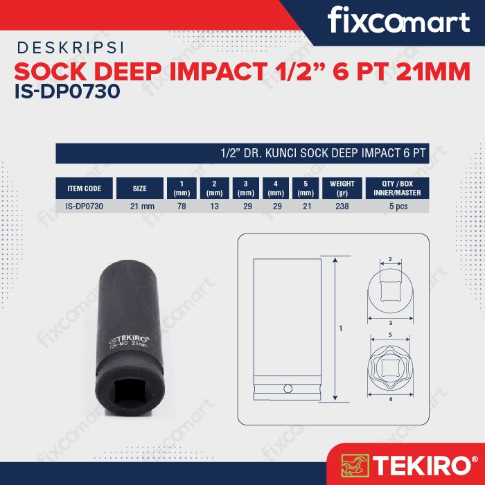 Tekiro deep impact socket 1/2 inch 6 PT 21 mm / mata sock
