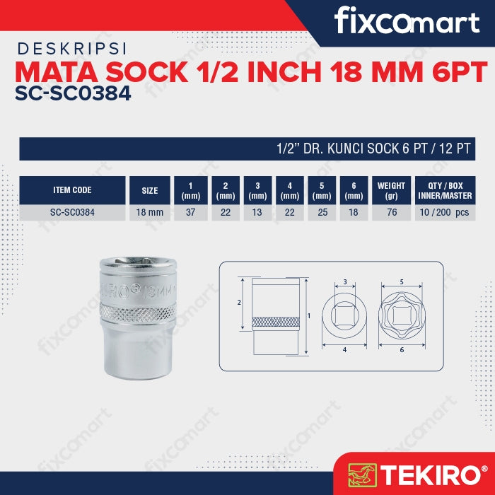 Tekiro Socket 1/2" 6PT 18 mm / Mata Socket
