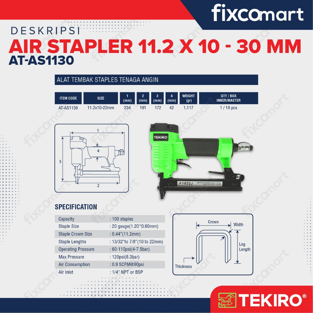 Tekiro Air Stapler 11.2 X 10-30 Mm / Alat Staples Angin / Paku U