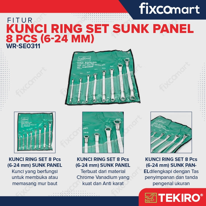Tekiro Kunci Ring Set Sunk Panel 8 Pcs (6-24 Mm) / Tekiro Kunci Ring Sunk Panel