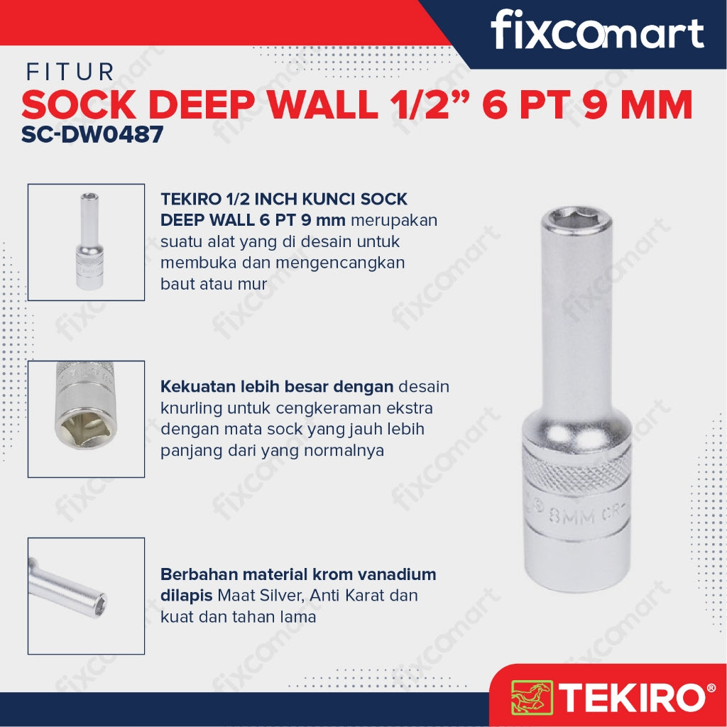 TEKIRO Sock Deep Wall / Mata Sock Panjang 1/2 Inch 6 PT - 9 mm