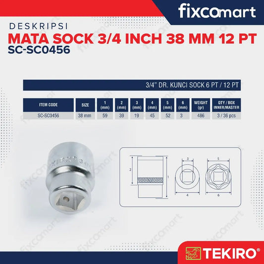 Tekiro Socket 3/4 inch 38 mm 12 PT / Mata Sock 3/4 Inch FIXCOMART