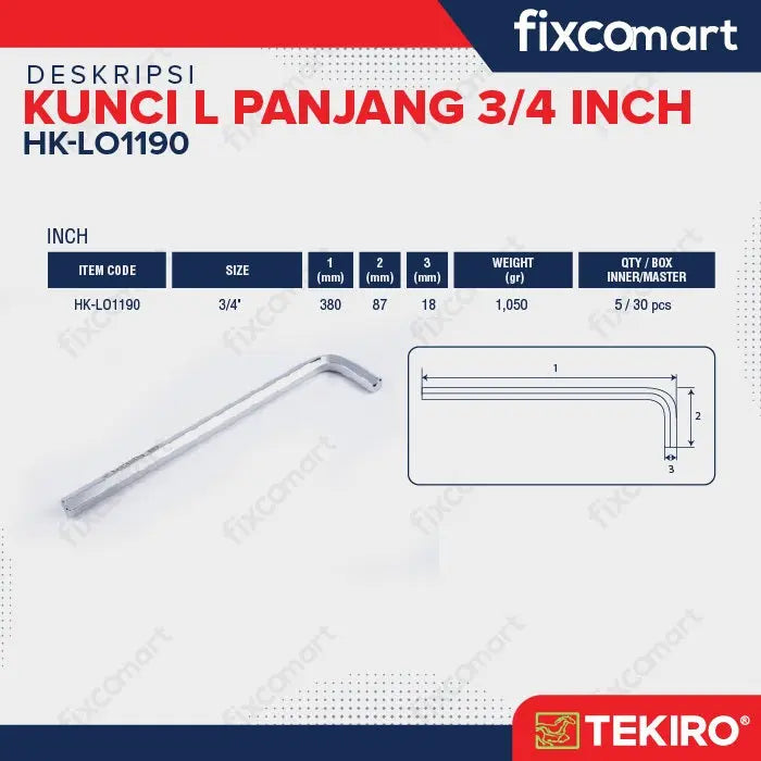 Tekiro Kunci L Panjang 3/4 inch / Hex Key Long FIXCOMART