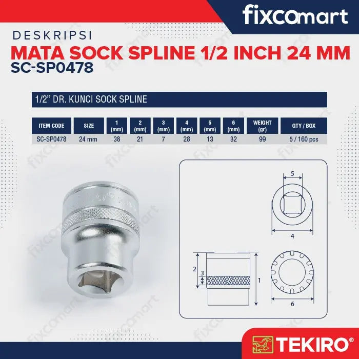 Tekiro Mata Sock Spline 1/2 Inch 24 mm / Tekiro Spline Socket FIXCOMART