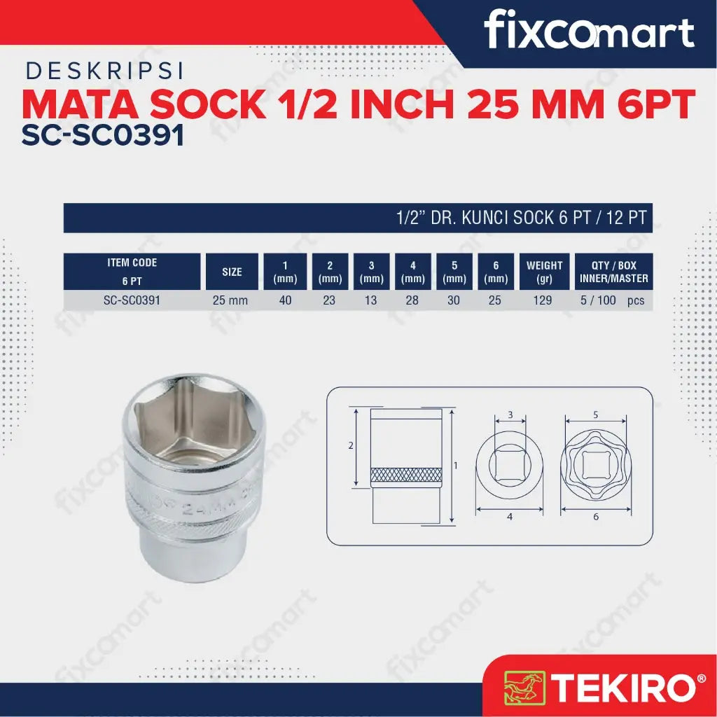 Tekiro Mata Sock 1/2 Inch 25 Mm 6 Pt FIXCOMART