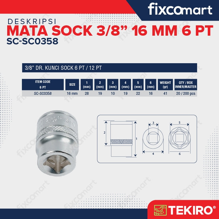 Tekiro Socket 3/8 inch 16 mm 6 PT / Mata Sock 3/8 Inch
