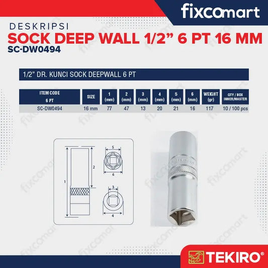 Tekiro Mata Sock Deep Wall 1/2 Inch 16 Mm 6Pt FIXCOMART