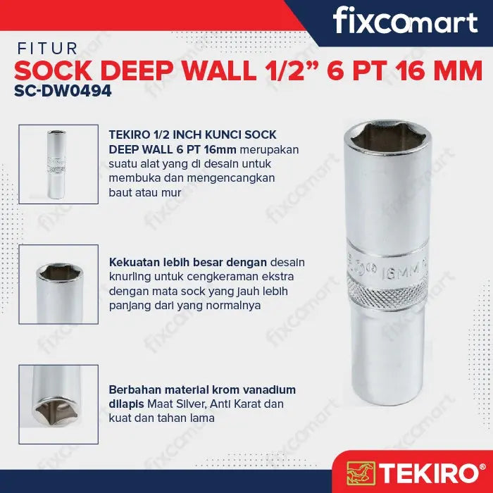 Tekiro Mata Sock Deep Wall 1/2 Inch 16 Mm 6Pt FIXCOMART