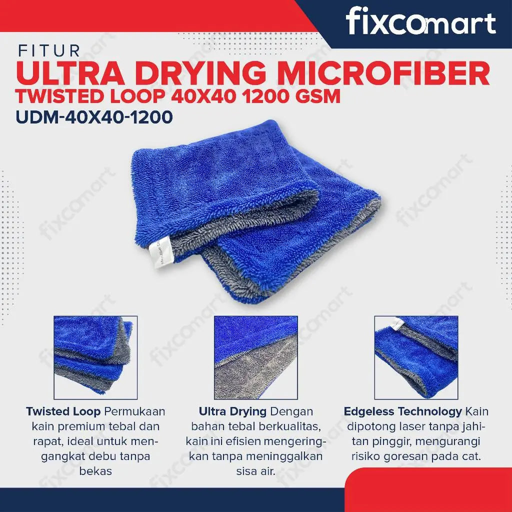 Kain Lap Microfiber - Ultra Drying Microfiber Premium Twisted Loop 40x40 1200 GSM Mobil Motor Dapur FIXCOMART