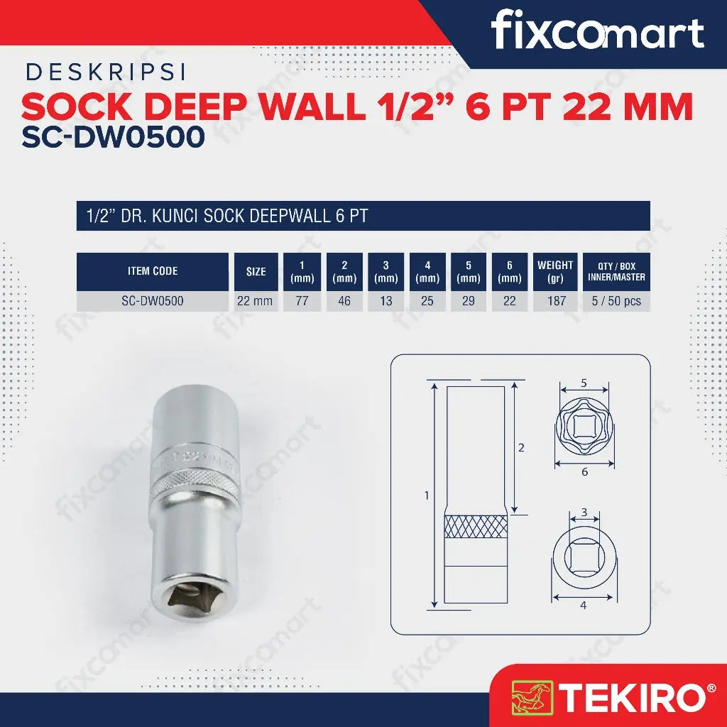 Tekiro Mata Sock Deep Wall 1/2 Inch 22 Mm 6Pt FIXCOMART