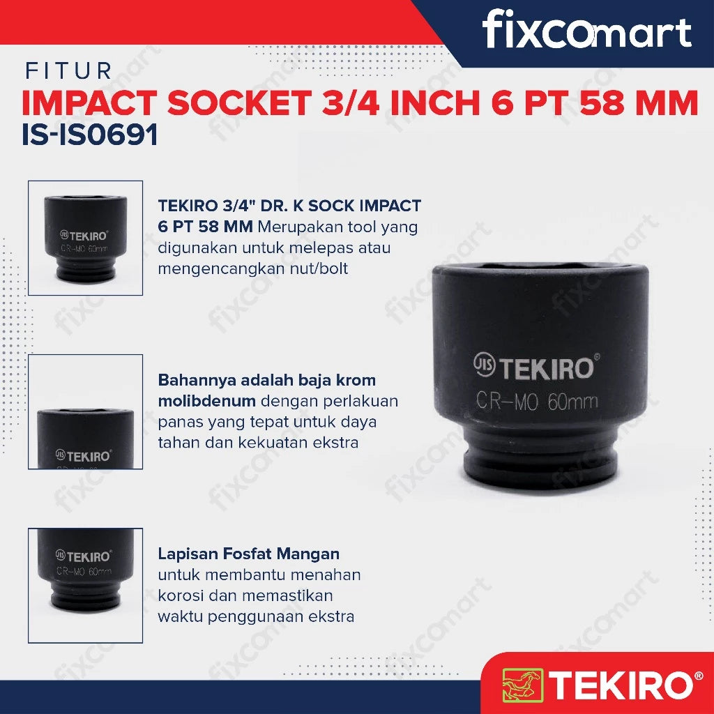 Tekiro Impact Socket 3/4 inch 6 PT 58 mm / Mata Sock Impact