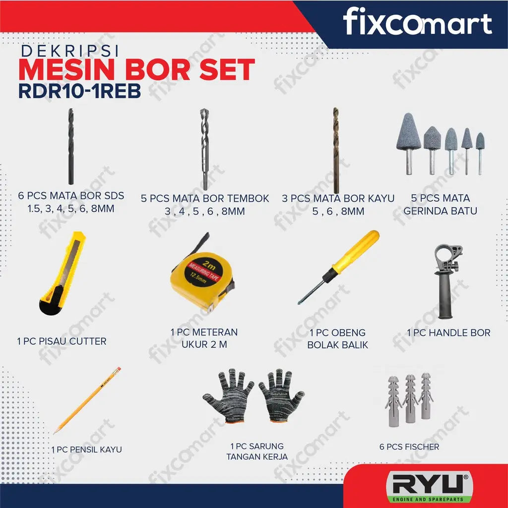 RYU Paket Mesin Bor Tembok Ryu Rid 13-1 Reb Mesin Bor Beton Tekiro FIXCOMART