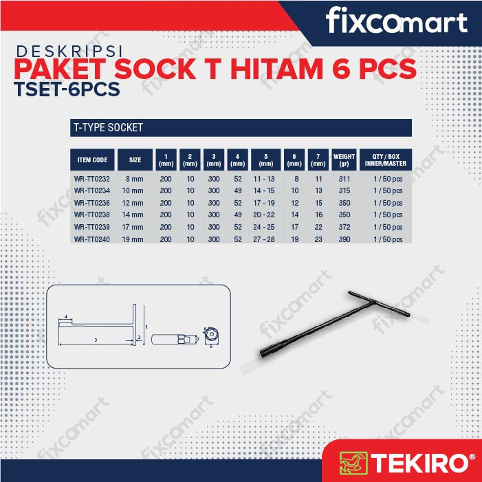 Tekiro Paket Kunci Sock T Hitam (8-10-12-14-17-19 Mm) / Tekiro Kunci T Set 6 Pcs