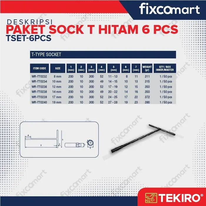 Tekiro Paket Kunci Sock T Hitam (8-10-12-14-17-19 Mm) / Tekiro Kunci T Set 6 Pcs FIXCOMART