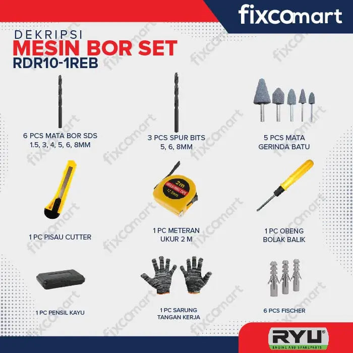 Ryu Mesin Bor Tangan Listrik 10 Mm Set Koper 22 Pcs Rdr 10 - 3 Reb FIXCOMART